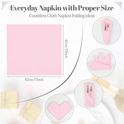 PLOYMONO Pink Heavy Duty Cloth Napkins - 17 x 17 Inch Solid Washable Polyester Dinner Napkins - Set of 8 Napkins with Hemmed Edges - Great for Weddings, Parties, Spring, Mother's Day - color: Pink