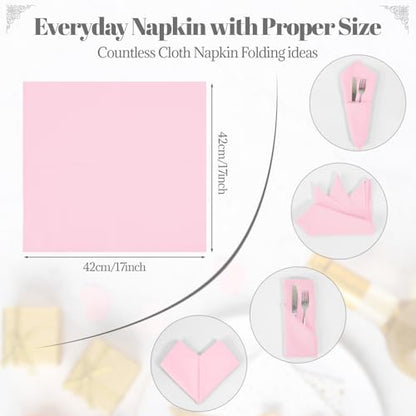 PLOYMONO Pink Heavy Duty Cloth Napkins - 17 x 17 Inch Solid Washable Polyester Dinner Napkins - Set of 8 Napkins with Hemmed Edges - Great for Weddings, Parties, Spring, Mother's Day - color: Pink