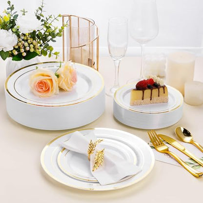 BESTSTAR 7 Inch White with Gold Rim Plastic Plates,100PCS Disposable Dessert/Appetizer/Small Cake Plates,Heavy Duty Plate Ideal for Wedding and Birthday - color: White Gold, size: 7 inch