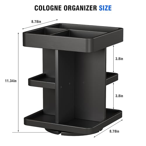 3-Tier Rotating Cologne Organizer for Men, Large-Capacity Wooden Perfume Display Stand for Desk & Nightstand, Rounded Corner Design, Birthday Gift for Men (Black)