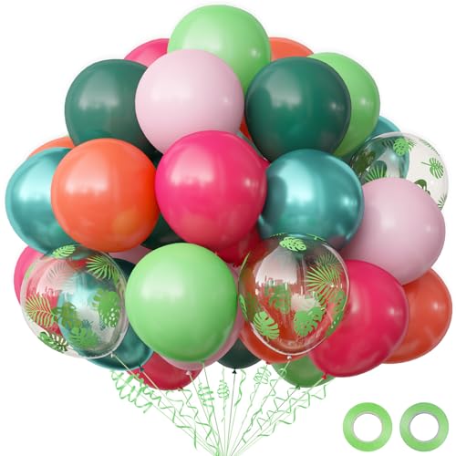 OuMuaMua Hawaiian Luau Party Decorations, Tropical Party Balloons, 68pcs Pink Green Rose Gold Palm Leaves Balloons for Summer Aloha Moana Flamingo Birthday Baby Shower Party Supplies, 12 Inch - color: Colorful