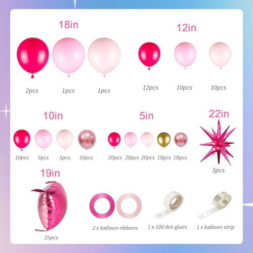 149pcs Pink and Gold Balloons Arch Kit - 25pcs Double Sided Hot Pink Flat Square Foil Balloons Wall Backdrop for Anniversary Bachelorette Birthday Valentines Day Party Decoration - color: Hot Pink