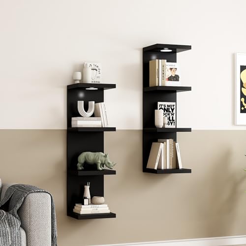 LitaEther Versatile 4 Tier Wall Shelf Unit,Black Lack Wall Shelf,Display Floating Shelf with LED Remote Control Light - color: Black, size: 4 Tier