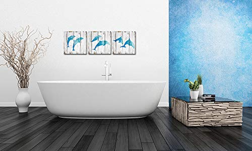 HOMEOART Jumping Dolphins Teal Blue Bathroom Wall Decor Ocean Animal Painting Wood Texture Background Art Print on Canvas Framed Artwork Ready to Hang 12"x12"x3Panels