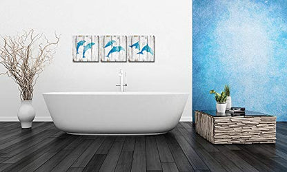 HOMEOART Jumping Dolphins Teal Blue Bathroom Wall Decor Ocean Animal Painting Wood Texture Background Art Print on Canvas Framed Artwork Ready to Hang 12"x12"x3Panels