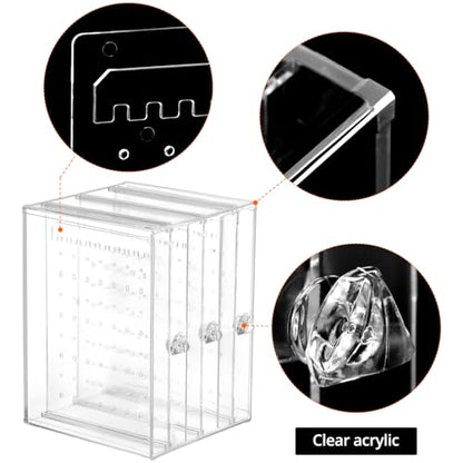 QWORK Clear Acrylic Jewelry Storage Box - Earring Display Stand Holder with 3 Vertical Slide-Out Drawers, 216 Earring Holes & 36 Necklace Grooves