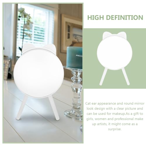 Cat Ear Makeup Mirror with Tripod Stand and Comb, White Desktop Cosmetic Mirror, Fashionable Vanity Table Decor and Photo Prop