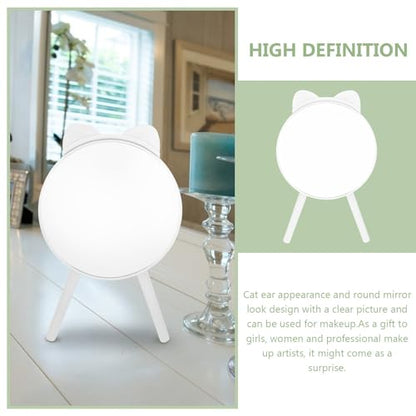 Cat Ear Makeup Mirror with Tripod Stand and Comb, White Desktop Cosmetic Mirror, Fashionable Vanity Table Decor and Photo Prop
