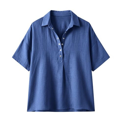 Cotton Linen Shirts for Women 2026 Summer Gauze Shirts Button Down V Neck Half Sleeve Blouses Dressy Casual Clothes - color: Blue, size: Small
