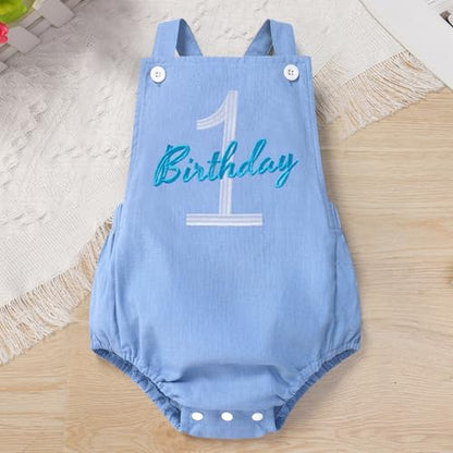 IMEKIS Baby Girls Boys Boho 1st Birthday Outfit Backless Overalls Romper for Cake Smash Photo Shoot - color: Light Blue 1 Birthday, size: 12-18 Months