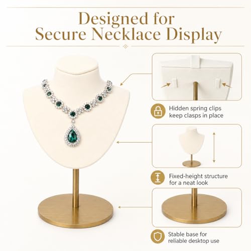 Necklace Display Stand For Selling Velvet Chain Jewelry Bust Holder Organizer With Stainless Steel Stand Jewelry Display - color: Beige-White-7.08in