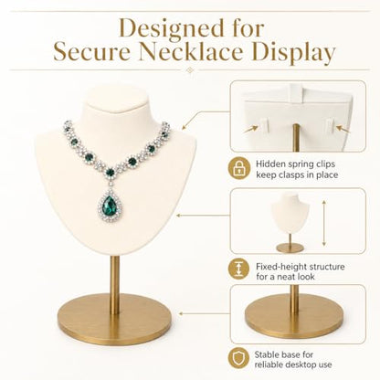 Necklace Display Stand For Selling Velvet Chain Jewelry Bust Holder Organizer With Stainless Steel Stand Jewelry Display - color: Beige-White-7.08in