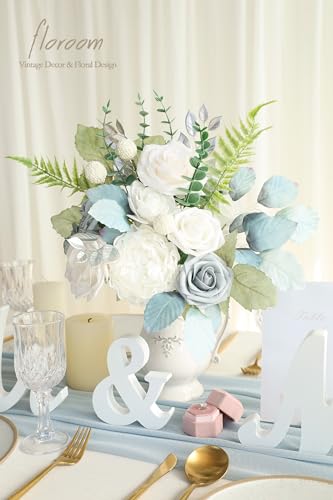 Floroom Artificial Greenery Stems Box Set, 36pcs with 7 Kinds of Faux Greenery Flowers Picks for DIY Bridal Bouquets Wedding Floral Arrangement Table Centerpieces, Dusty Blue & Silver - color: Dusty Blue & Silver