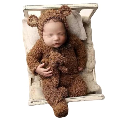 Zeroest Newborn Photography Props Boy Outfits Bear Baby Girl Photo Props Outfits Hat Footed Romper Sleeved Set for Photoshoot - color: Camel