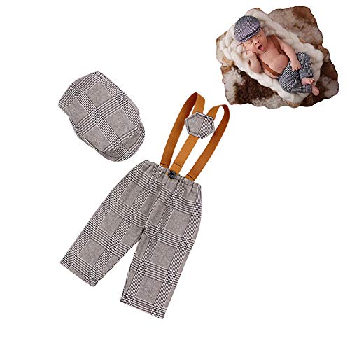 Newborn Monthly Baby Photo Props Stripe Checked Flat Cap Newsboy Suspender Pants Romper for Photography Outfits - color: Creamy Gray