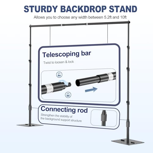 EMART Backdrop Stand,10x10ft(WxH) Adjustable Photo Background Stand with Upgrade Rod,Heavy Duty Flat Base,Metal Pipe and Drape Frame for Wedding,Birthday Party,Event Decorations,Trade Displays - size: 10x10ft