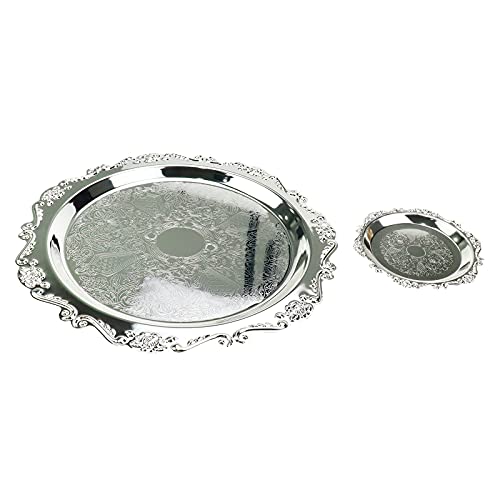 Quluxe Round Platter Serving Tray Metal Reusable Decorative Appetizer Platter Dessert Plate for Kitchen Party Centerpiece Display, 2 Pcs Silver (4 Inch+10 Inch) - color: Silver, size: 4" & 10"