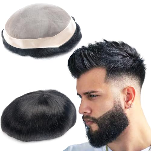Hair System for Mens Toupee Hair Replacement System Mono Lace With Npu Lace Hairpiece Size 6x8 Inch 6 Inch Length Color 1# 100% Human Hair Unit Protesis Capilar Hombre - color: 1# Jet black - Mono NPU, size: 6x8 Inch