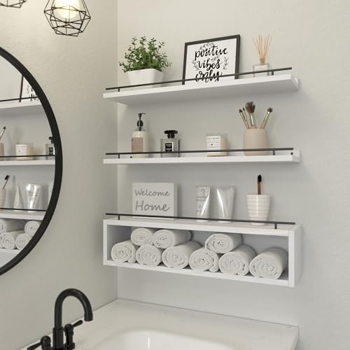 WOPITUES Floating Shelves for Wall 24 inch with Cube Shelf, Wall Shelves with Metal Rail for Bathroom Decor, Bathroom Organizers and Storage, Over Toilet Shelves, Toilet Paper-White - color: White, size: 23.6 inch
