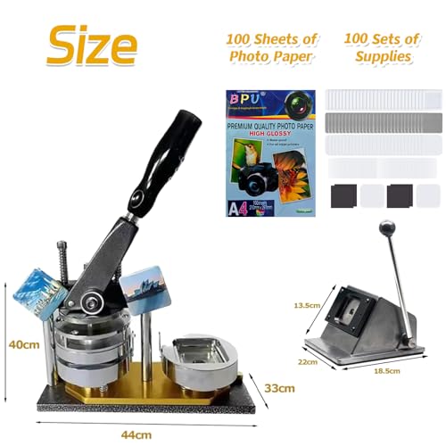 2x2 in Square Photo Fridge Magnet Maker Machine with Picture Cutter, DIY Custom Badge Maker, Includes 100 Sheets of Photo Paper+100 Sets of Consumables