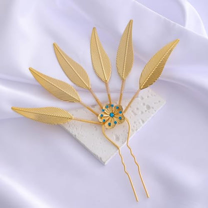 Lureme Thai Ethnic Hairpieces Alloy Leaf Hairpin with Rhinestones Hair Accessories for Women(hb000015-3) - color: gold with blue strass