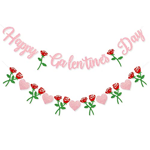 Happy Galentine's Day Banner - Pink Glitter Galentine’s Day Decorations, Rose Heart Garland Banner Sign for Ladies Girls Friends Valentine’s Day Party Decor, Break Up Party Favor Photo Props - color: Pink