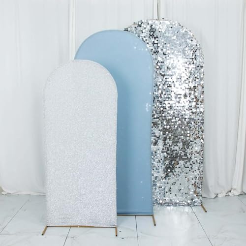 Efavormart Set of 3 Dusty Blue Silver Chiara Arch Backdrop Covers (7ft/6ft/5ft), Round Top Snug Fit, Double-Sided Big Sequin, Tinsel & Spandex Mixed Texture for Birthday, Party, Events - color: Dusty Blue