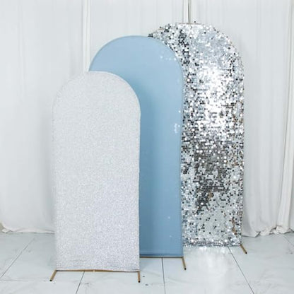 Efavormart Set of 3 Dusty Blue Silver Chiara Arch Backdrop Covers (7ft/6ft/5ft), Round Top Snug Fit, Double-Sided Big Sequin, Tinsel & Spandex Mixed Texture for Birthday, Party, Events - color: Dusty Blue