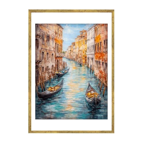 Framed Venice Canal Landscape Canvas Print Vintage Elegant Poster Painting Wall Art for Living Room Wall Decor Pictures Home Decoration Apartment Office Art Print (24L x36W,Gold Framed) - size: 24L"x36W"