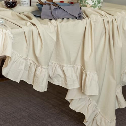 GLORY SEASON Retro Farmhouse Ruffle Tablecloth Cotton Flounces Trim Washable Table Cover Tablecloths for Rectangle Table Baby Shower Kitchen Party Wedding Decor 60''x102'' - size: 102" x 60" (Rectangular)