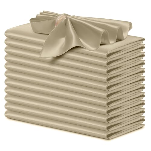 P Pothuiny 12 Pcs Silky Beige Satin Napkins 17 x 17 Inches, Square Smooth Wedding Dinner Napkins Satin Cloth Napkins Table Napkins for Banquet Party Restaurant Decor, Thanksgiving, Christmas - color: Beige