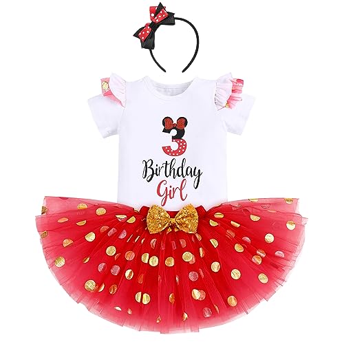 IBTOM CASTLE Cake Smash Half 1st 2nd 3rd Birthday Girl Princess Polka Dots Ruffle Skirt Set ONE Party Costume Headband - color: Red-3rd, size: 3T