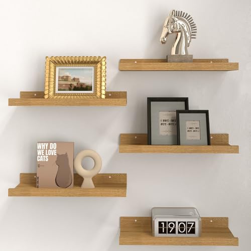 RICHER HOUSE 5 Set Floating Shelves for Wall Decor, Wall Mounted Book Shelf, Nursery Shelves Picture Ledge Shelf with Lip for Storage, Bedroom, Living Room, Bathroom - Oak - color: Oak, size: 5pcs*15.75in