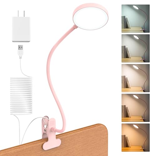 LiFMIRA Desk Lamp Clip on Light 8W 66 LED Reading Light for Bed, 5 Colors 10 Dimming Levels, Eye Caring Metal Reading Lamp, Clip lamp for Bed Headboard Home Office (Pink) - color: Pink