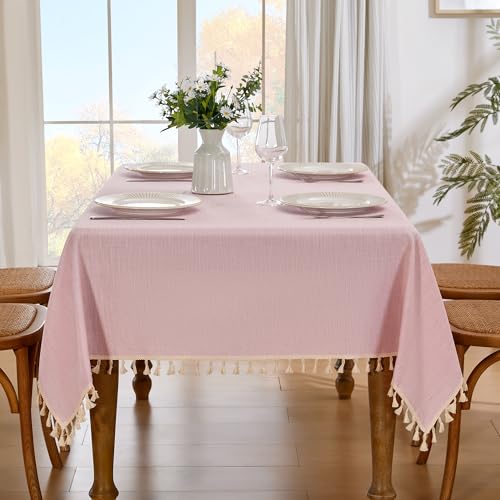 JIALE Valentines Textured Tablecloth, Heavy Duty Linen Style Farmhouse Table Cloth Rectangle Table, Wrinkle-Free Washable Waterproof Table Cover for Kitchen, Dining, Parties, 55"x120", Pink - color: Pink, size: 120" x 55" (Rectangular)