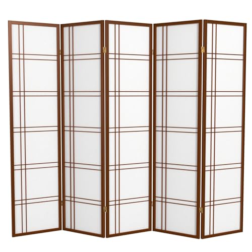 Red Lantern 6 ft. Tall Double Cross Shoji Screen - Walnut - 5 Panels - color: Walnut, size: 5 Panel