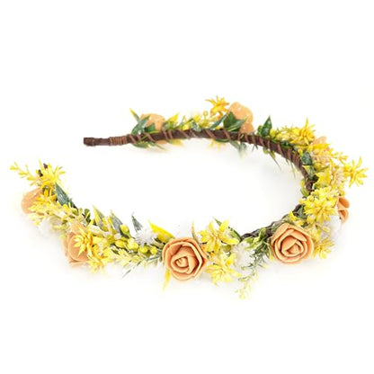 Yellow Flower Crown Headband - Rose Flower Headband Renaissance Fairy Floral Headpiece for Women Girls Weeding Birthday Party Cosplay Photo Prop - color: Yellow