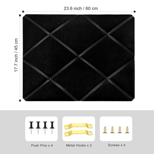 Black Fabric Memo Bulletin Board, 23.6x17.7 inches Velvet Pin Board for Wall, Vision Board Message Board Cork Board with Criss-Cross Ribbons for Home Office School Wall Decor(BK Velvet,4560) - size: 23.6"x17.7"