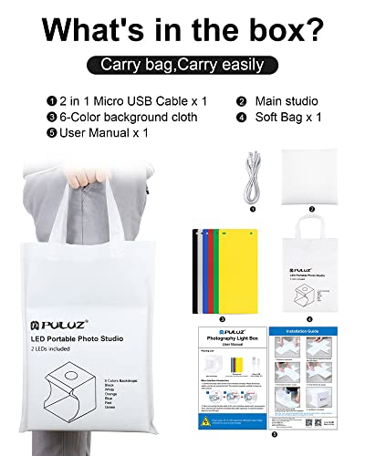 Photo Studio Box with LED Light, PULUZ 20cm Mini Portable Photography Lighting Tent Kit, White Foldable Shooting Softbox with 2x20 Lights + 6 Backdrops for Product Display - size: 9*9 Inch - C
