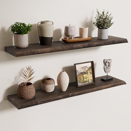 Axeman 36 inch Floating Shelves for Wall - 8'' D Live Edge Rustic Solid Elm Wood Floating Shelves Wall Mounted, Wall Shelves with Invisible Bracket for Living Room Bedroom Kitchen, Set of 2 Walnut - color: Walnut With Live Edge, size: 36 inches - 2P