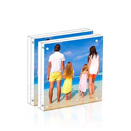 Meetu Acrylic 5x5 Picture Frame 2 Pack Clear Two Sided Desk Photo Frame Magnetic Frame Inner Size 4x4 with Gift Pack for Display Family Pictures Baby Photos Friends Pictures Pet Dog Picture - size: 5x5"(2 Pack)