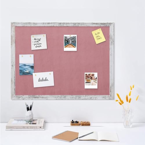 Navaris Framed Fabric Bulletin Board - 18 x 24 inches Plush Jewelry Organizer Pinboard for Wall - Memory Pin Board - Pink with White Rustic Frame - color: White Rustic / Pink