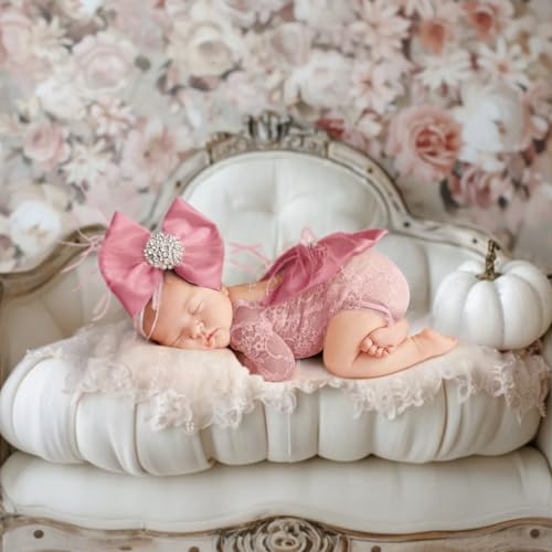 ForBaysy Newborn Photography Props Girls Outfit Feather Bow Lace Romper Newborn Dress - color: Dustpink