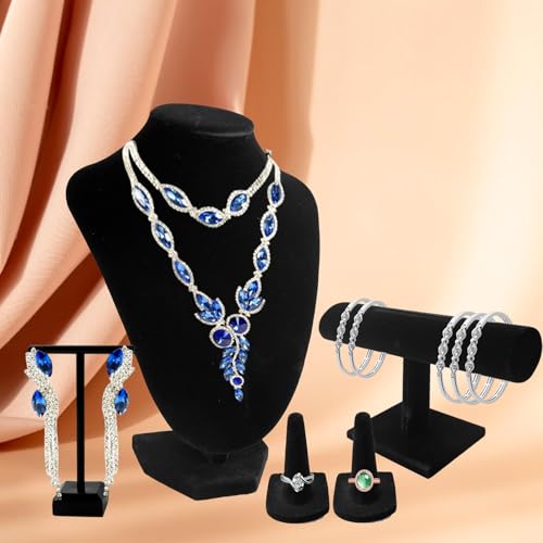 6 Pcs Velvet Jewelry Display Set- Velvet Necklace Bust Holder Mannequin Bust & T-Bar 2 T Shape Earring Stand 2 Ring Finger Jewelry Holder Bracelet Organizer for Jewelry Showcase