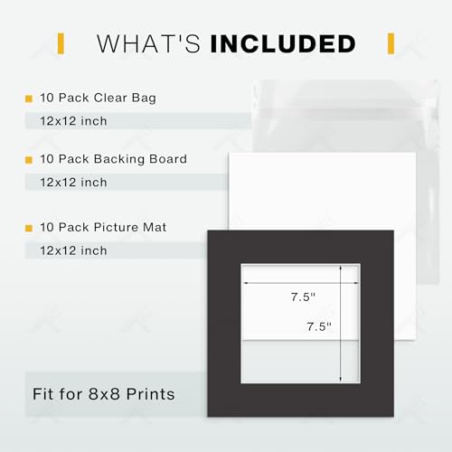 Golden State Art, Pack of 10, Pre-Cut 12x12 Black Picture Mat Kit for 8x8 Photo, 10 White Core Bevel Cut Mattes, 10 Backing Boards and 10 Clear Bags - color: Black, size: 12x12 for 8x8 (10 Pack)