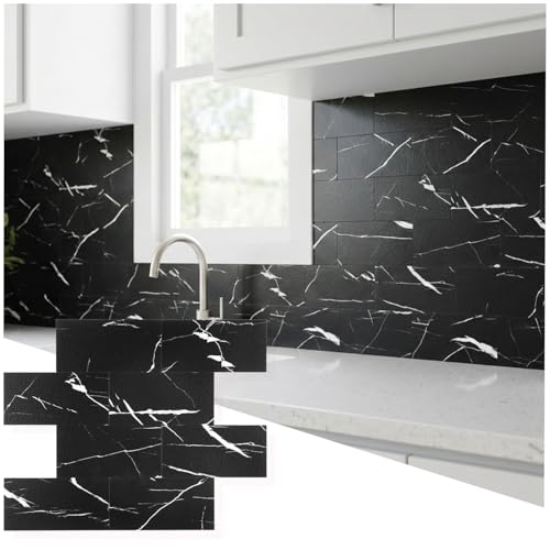 10 Sheets Black Marquina PVC Subway Tiles Peel and Stick Backsplash,12''Heat Resistant Stick on Tiles for Kitchen,Waterproof Peel and Stick Wall Tiles for Bathrrom - color: Black Marquina