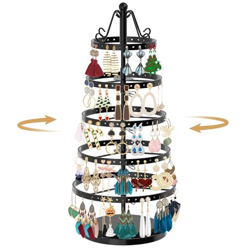 MODOWEY 5 Tiers Metal Rotating Earring Holder Organizer Tree Spinning Display Stand Rack for Women, 220 Holes Adjustable Large Storage for Stud Dangle Hoop, Find Your Earrings at a Glance, Black - color: Black Tree, size: 5 Tier, 220 Holes