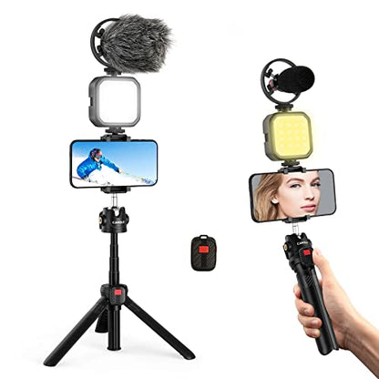 Vlogging Kit for iPhone/Android, Tripod for iPhone with Light, Wireless Microphones, Remote Control for TikTok, YouTube Starter Kit for Content Creator