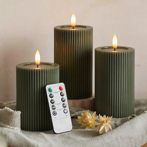 Fluted Ribbed LED Pillar Candles, Loden Green, with Realistic Reflective Melted-Wax Effect – Flickering Flame, Remote, Dimmable, Flameless, Battery Operated, Home & Wedding Decor (Set of 3) - color: Loden Green