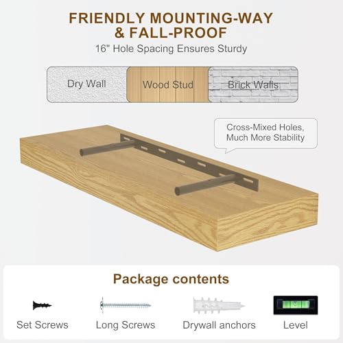 Fun Memories 60 Inch Fireplace Mantel - Long Floating Shelf, Wall Mounted Farmhouse Display with Invisible Heavy Duty Metal Bracket, Oak, 2 Pack - color: Oak, size: 60"W x 6.5"D